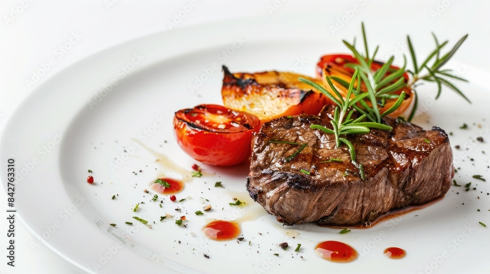 Savory meat dish grilled beef tenderloin served with baked apples and tomatoes on a white plate against a white backdrop Savory meat dish grilled beef tenderloin served with baked apples and tomatoes on a white plate against a white backdrop