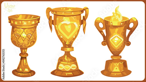 set of vector golden trophy winning award cups, cut out