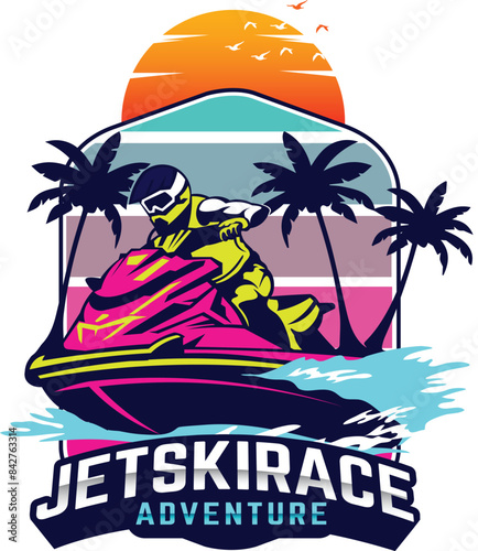 Jet ski Race logo design vector illustration design, jet ski race brand logo badge emblem template. Jet ski emblem design logo concept and t-shirt design.  