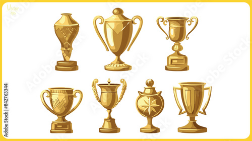 set of vector golden trophy winning award cups, cut out