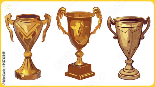 set of vector golden trophy winning award cups, cut out