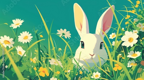 A bunny peeking out from lush green grass against a vibrant Easter backdrop © AkuAku