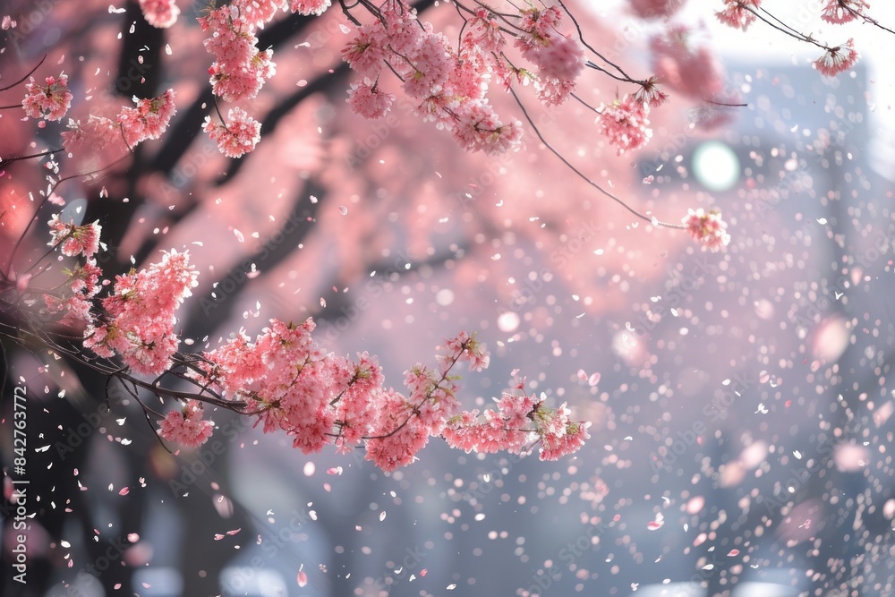 Cherry Blossom Festival, Japan: Emphasize the ethereal beauty of cherry blossoms in full bloom, whether framing solitary trees against a serene backdrop or capturing the flurry of petals in the air