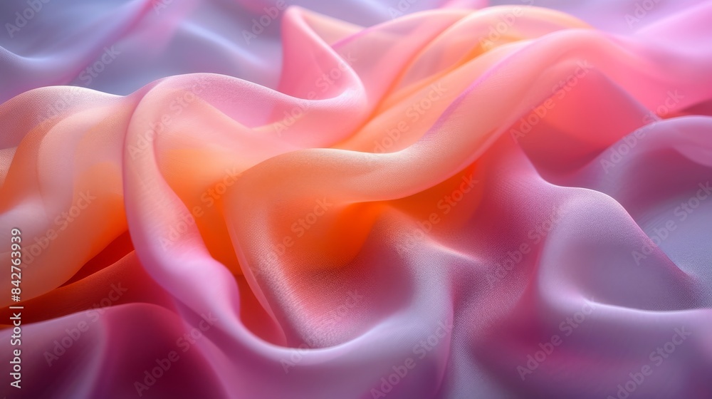 Soft silk fabric in gradient pink and orange tones, close-up. Textile and fashion concept