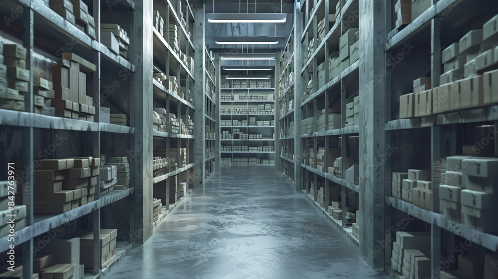 Big warehouse filled with goods. Background image. Created with Generative AI technology.