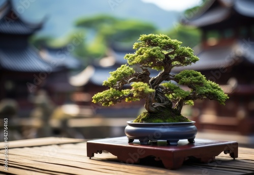 bonsai plant on pot with japanese house background photo