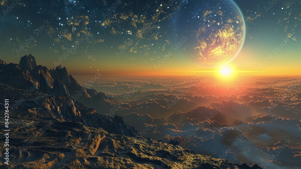 panoramic view of Earth at sunrise in 3D, close up, cosmic theme, whimsical, fusion, nebula backdrop