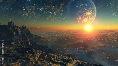 panoramic view of Earth at sunrise in 3D, close up, cosmic theme, whimsical, fusion, nebula backdrop #842764311