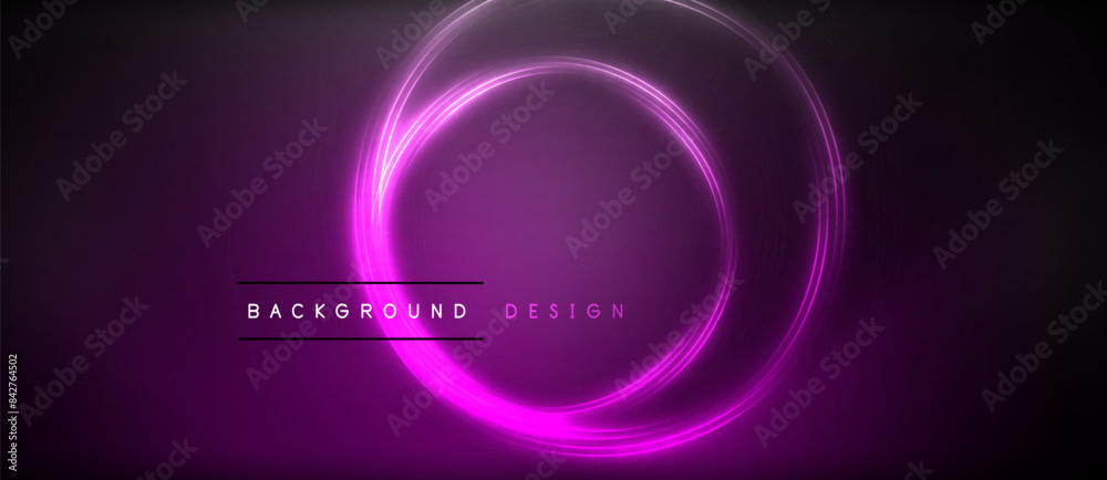 Neon glowing circle rays, light round lines in the dark, planet style neon wave lines. Energetic electric concept design for wallpaper, banner, background