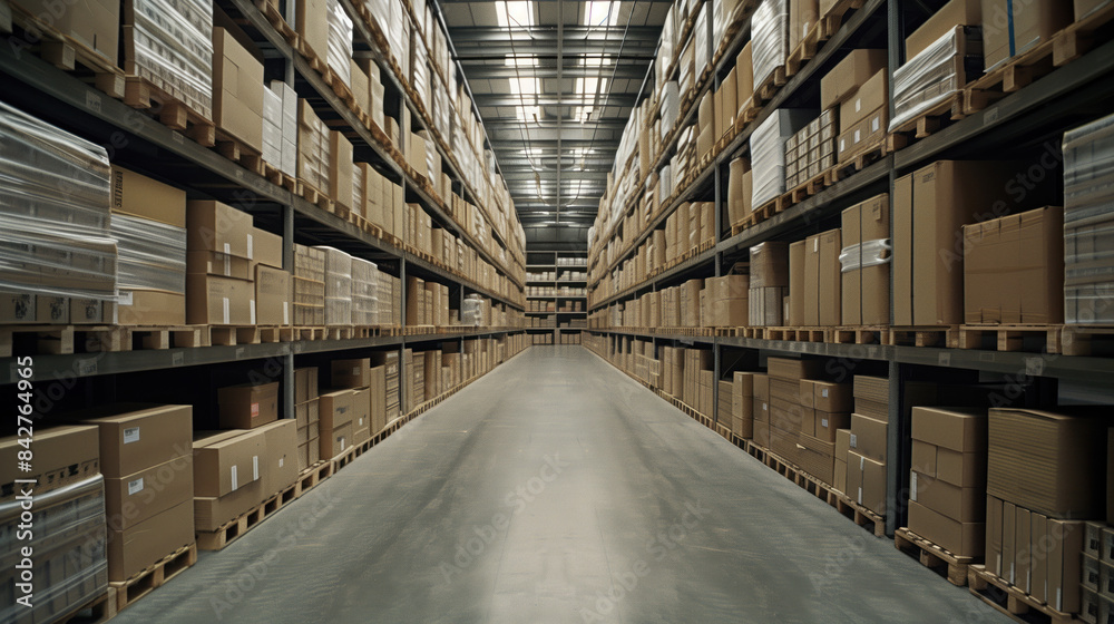Big warehouse filled with goods. Background image. Created with Generative AI technology. Big warehouse filled with goods. Background image. Created with Generative AI technology.