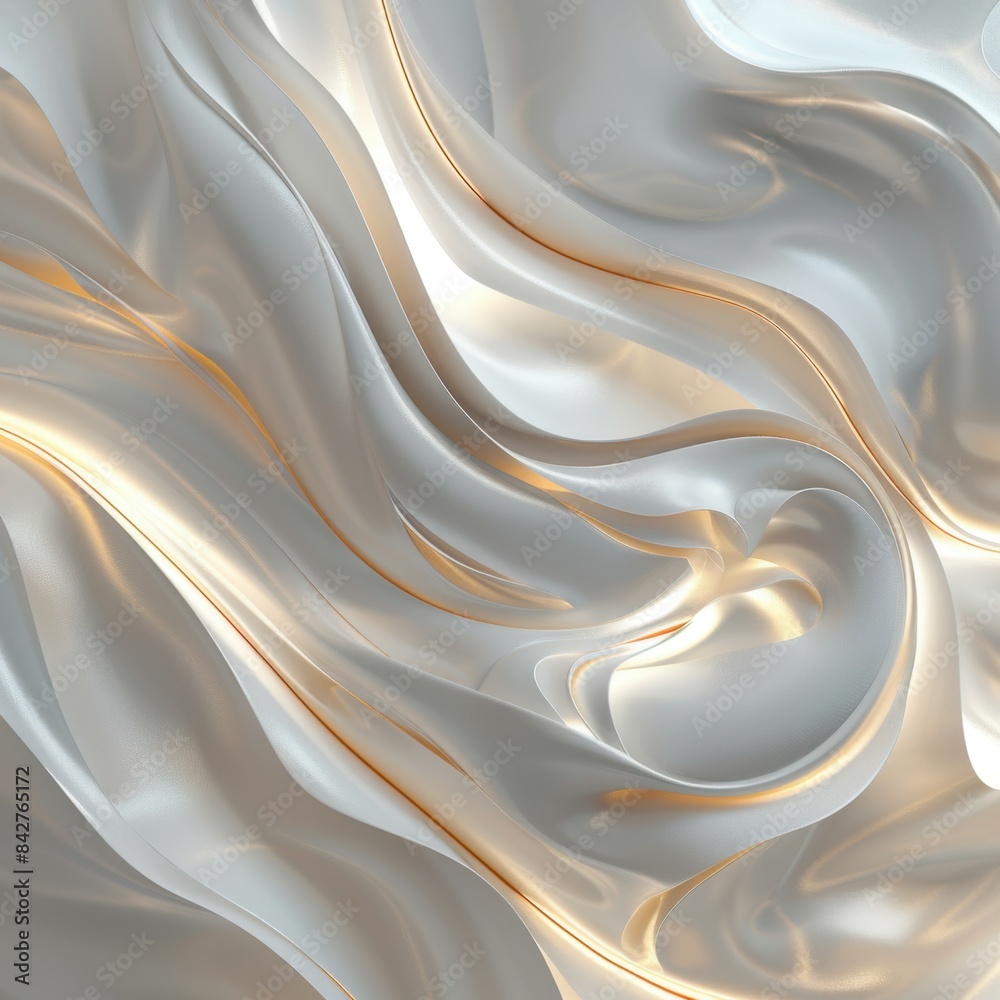 Obraz premium This AI generated image features flowing silk waves in luminous white and gold, creating a mesmerizing abstract design with smooth, intricate curves and delicate textures.