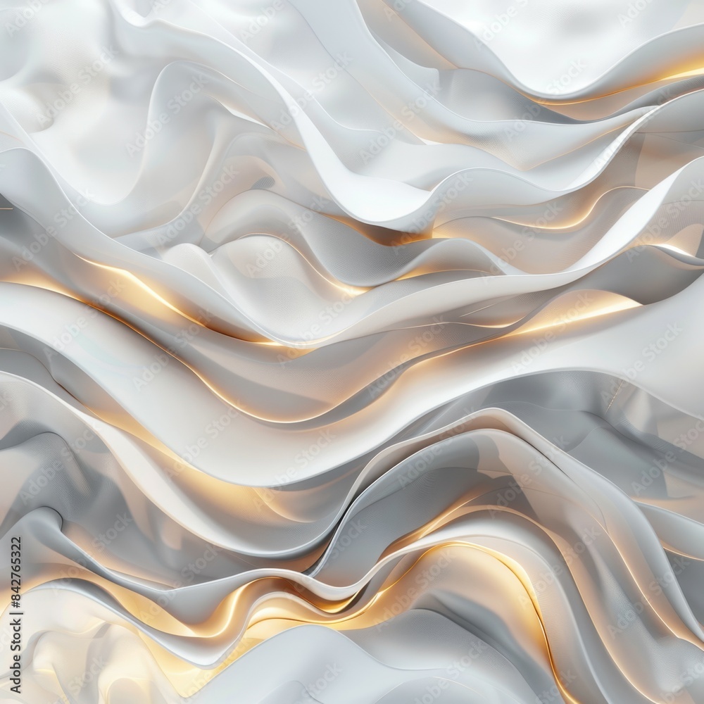 This AI generated image showcases abstract, fluid waves with soft, luminous white and gold layers, creating a mesmerizing visual effect with intricate curves and textures. This AI generated image showcases abstract, fluid waves with soft, luminous white and gold layers, creating a mesmerizing visual effect with intricate curves and textures.