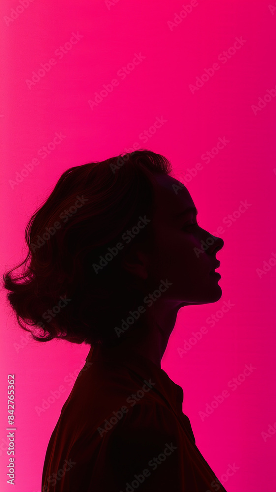 An elegant silhouette of a woman's profile with wavy hair against a vibrant pink backdrop An elegant silhouette of a woman's profile with wavy hair against a vibrant pink backdrop