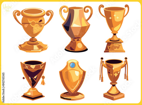 set of vector golden trophy winning award cups, cut out