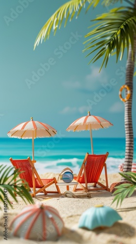 Minimalistic beach scene with chairs  umbrellas  and accessories