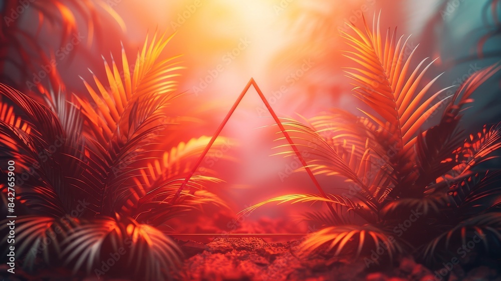 Illuminated tropical forest with abstract triangle structure, glowing lights and lush vegetation. Nature and modern art concept Illuminated tropical forest with abstract triangle structure, glowing lights and lush vegetation. Nature and modern art concept