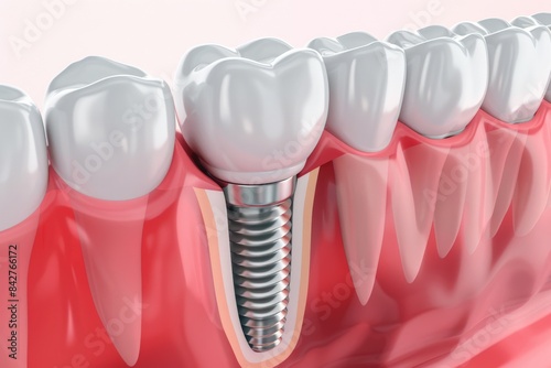 The concept of dental implants. A 3D rendering showing a dental implant placed between teeth