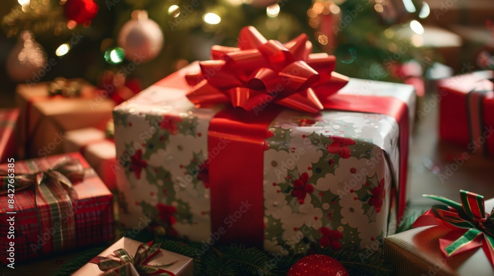 Create an image of a beautifully wrapped Christmas present with a big red bow, surrounded by other gifts under a tree. Create an image of a beautifully wrapped Christmas present with a big red bow, surrounded by other gifts under a tree.