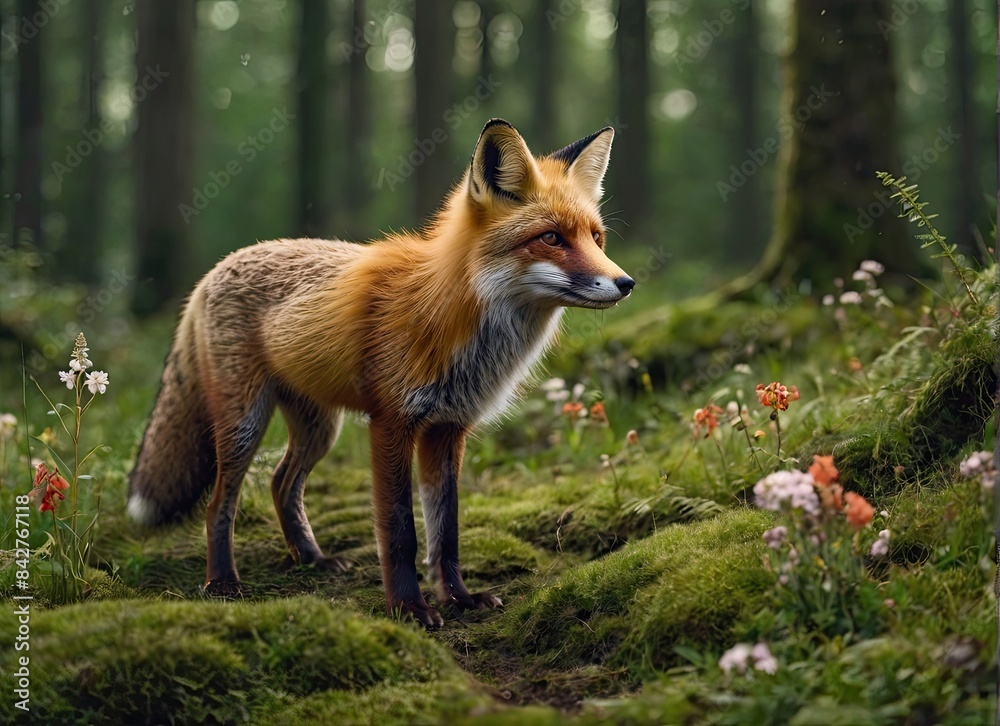 Fototapeta premium Fox in green forest. Cute Red Fox, at forest with flowers, moss stone. Wildlife scene from nature.