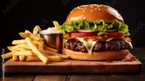 Delicious burger with fries on wooden table