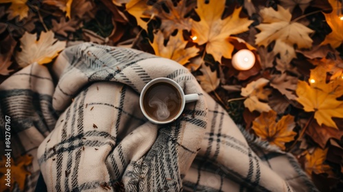 Create an image of a cozy autumn scene with a person wrapped in a blanket, holding a steaming mug of coffee, surrounded by fallen leaves.