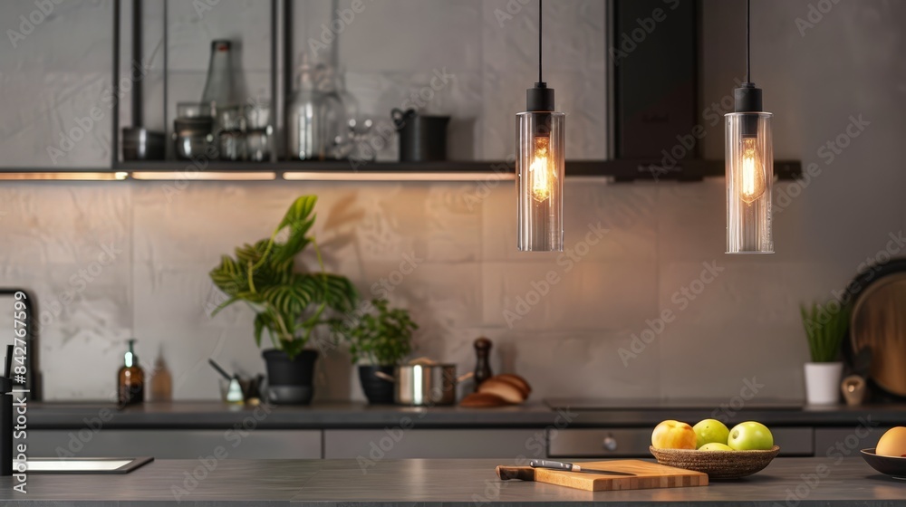 Create an image of a hanging pendant lamp with an industrial design, featuring metal and glass elements, perfect for a modern kitchen. Create an image of a hanging pendant lamp with an industrial design, featuring metal and glass elements, perfect for a modern kitchen.