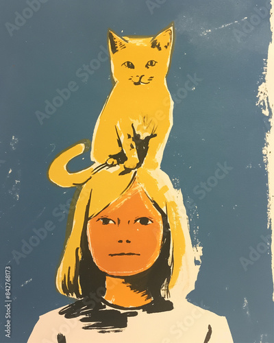 A vintage-style pop art print featuring a girl with a yellow cat resting on her head, playful and bold