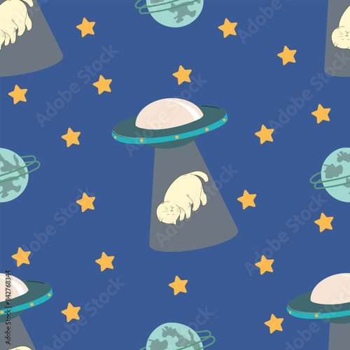 Children's cute pattern with spaceships and cats. Abduction of cat by a UFO spaceship