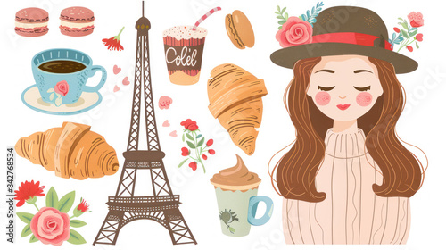 France and Paris cute sticker set of Eiffel tower, cafe, croissant, macaroons, beautiful girl holding photo camera, roses bouquet, cappuccino on white background. Flat illustration. Travel, vacation