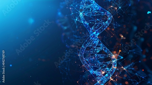 Abstract image of a glowing DNA strand with a futuristic design, representing biotechnology, genetic science, and molecular research. photo