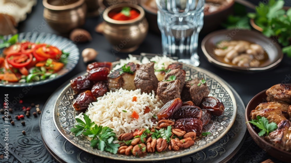 Create an image of a traditional Iftar plate with dates, water, and a variety of Middle Eastern dishes, highlighting the culinary traditions of Ramadan. Create an image of a traditional Iftar plate with dates, water, and a variety of Middle Eastern dishes, highlighting the culinary traditions of Ramadan.