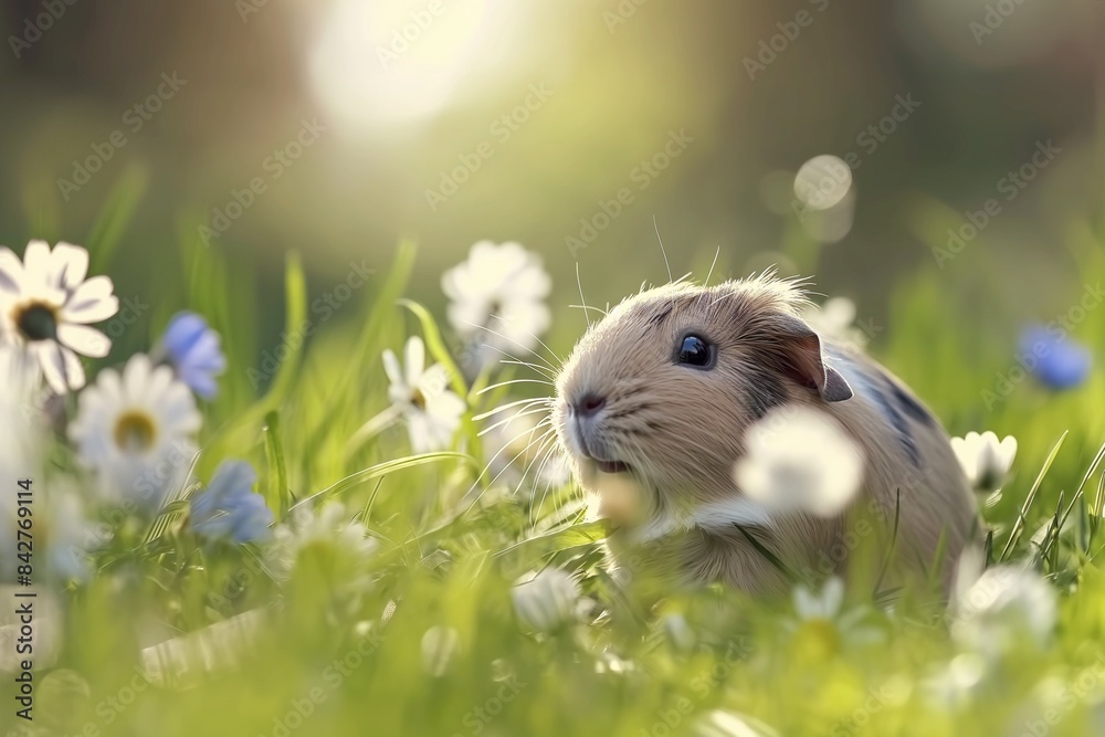 Cute guinea pig playing in the grass, surrounded by white and blue daisies, natural light, with a focus on the cute face of the adorable guinea pig. Cute guinea pig playing in the grass, surrounded by white and blue daisies, natural light, with a focus on the cute face of the adorable guinea pig.