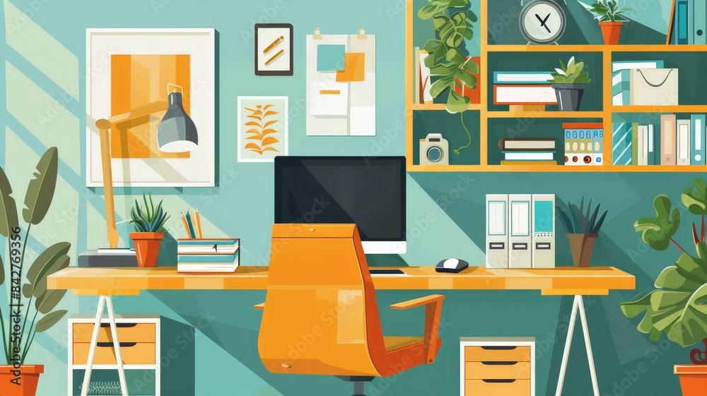 Create an image of a well-organized home office setup, showcasing the rise of remote work and telecommuting in modern business. Create an image of a well-organized home office setup, showcasing the rise of remote work and telecommuting in modern business.