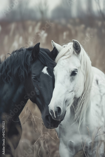 Black horse and white mare close up