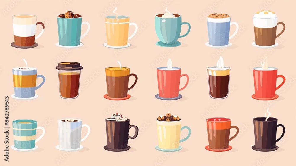 Create an image of an array of coffee mugs in different styles and colors, each filled with a different type of coffee drink. Create an image of an array of coffee mugs in different styles and colors, each filled with a different type of coffee drink.