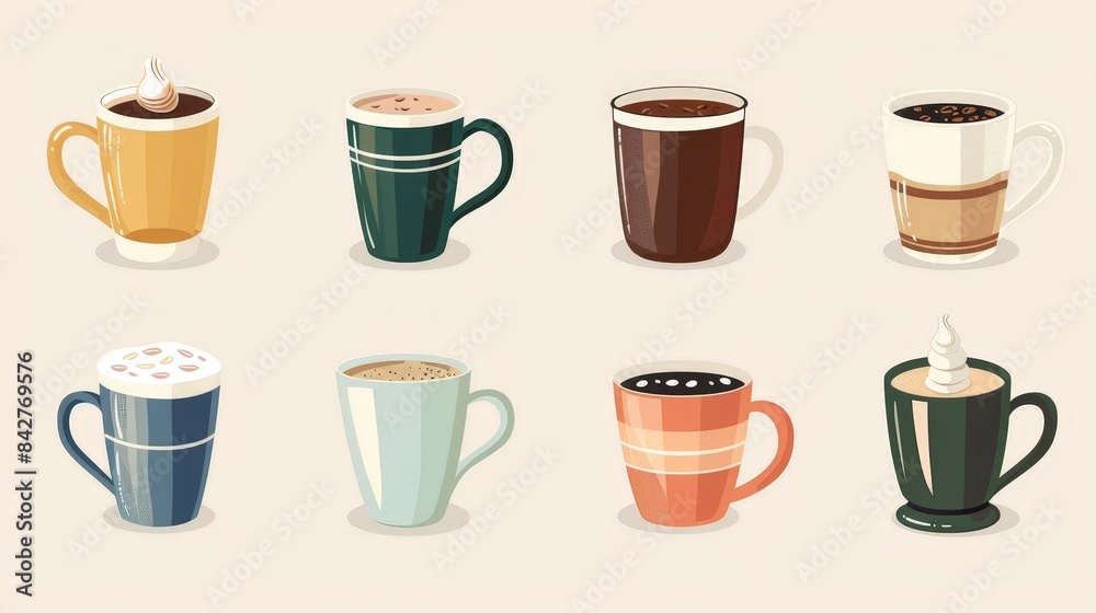 Create an image of an array of coffee mugs in different styles and colors, each filled with a different type of coffee drink. Create an image of an array of coffee mugs in different styles and colors, each filled with a different type of coffee drink.