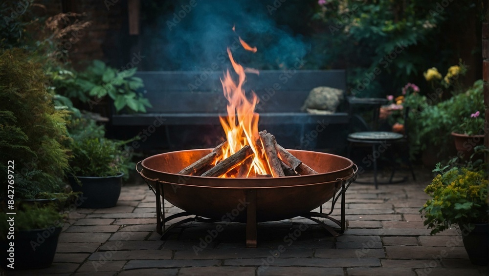 A mesmerizing fire burns in a copper fire pit in a lush backyard garden during twilight A mesmerizing fire burns in a copper fire pit in a lush backyard garden during twilight