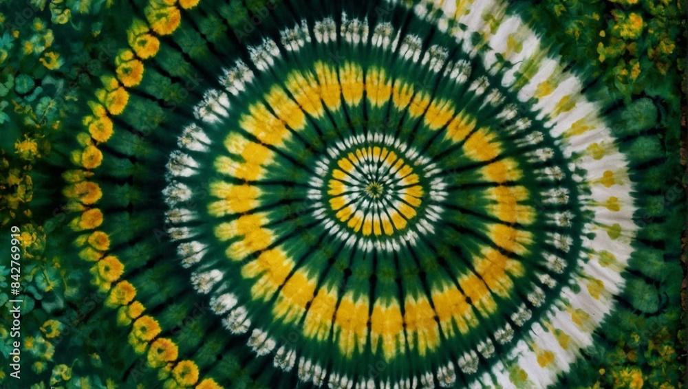 Close-up view of a vibrant green and yellow tie-dye pattern with a radiating design Close-up view of a vibrant green and yellow tie-dye pattern with a radiating design