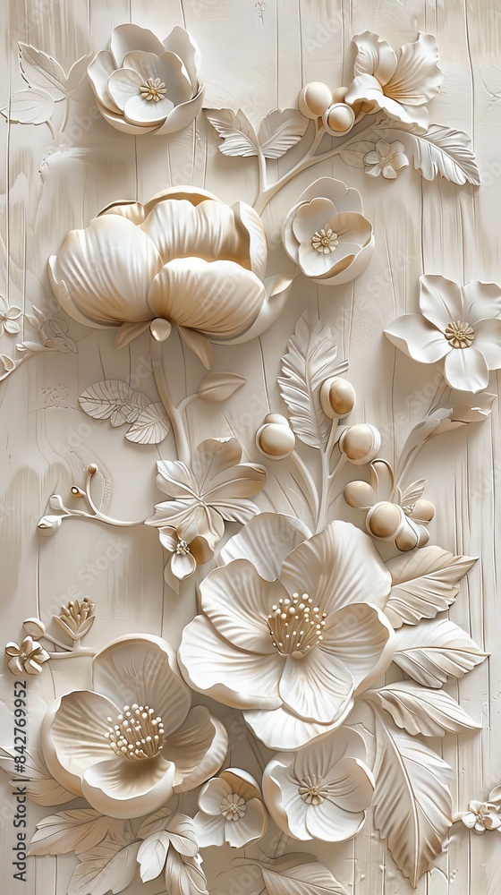 Beautiful flower 3d relief wallpaper. Mural wallpaper. Wall art. AI generated illustration. Beautiful flower 3d relief wallpaper. Mural wallpaper. Wall art. AI generated illustration.