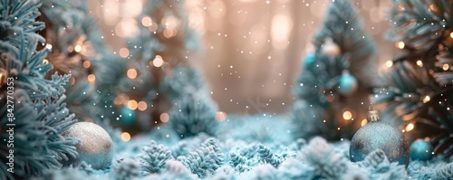 Festive teal Christmas trees with silver ornaments, sparkling lights, detailed winter setting photo
