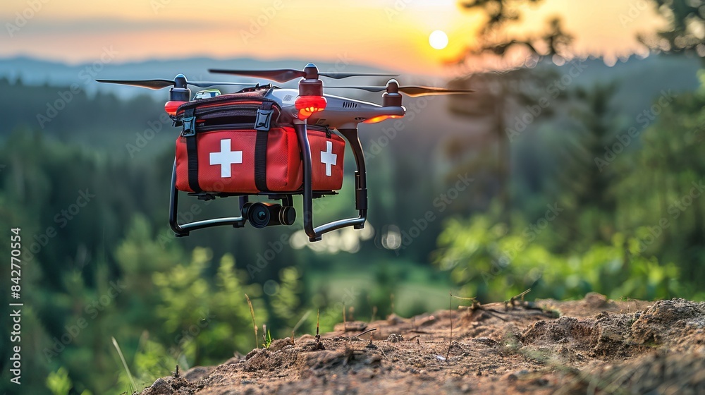 A drone with a red first aid kit flying over a mountain landscape with a green forest, a small lake, and a valley at sunset or sunrise. Mountain rescue concept. A drone with a red first aid kit flying over a mountain landscape with a green forest, a small lake, and a valley at sunset or sunrise. Mountain rescue concept.