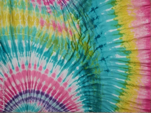 This image features a tie-dye fabric with a swirling pattern and a spectrum of vibrant colors