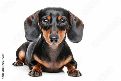 Dachshund with Wagging Tail and Bright Eyes  A Dachshund with a wagging tail and bright  attentive eyes  radiating energy and enthusiasm. photo on white isolated background