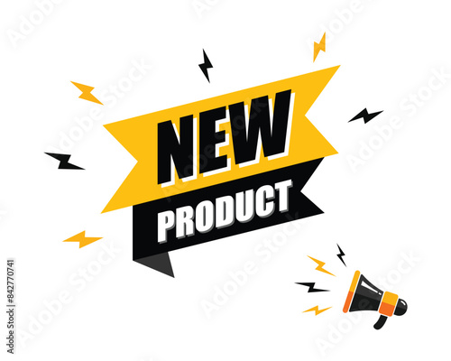 megaphone with New Product speech bubble, business design, marketing, announcement, discount, cashback. creative banner. editable vector eps 10.