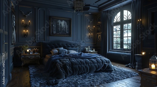 Elegant bedroom with a monochrome palette, plush bedding, and avant-garde art pieces
