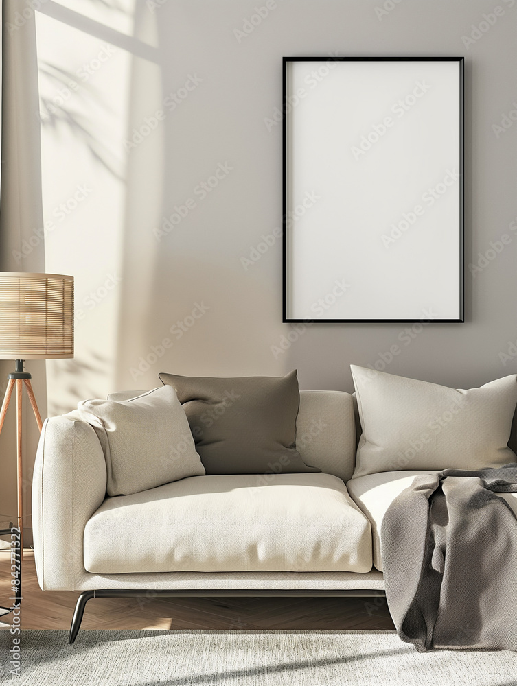 Scandinavian-style living room interior with a white mockup on the wall. Design Scandinavian-style living room interior with a white mockup on the wall. Design