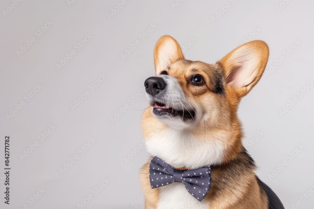 Corgi with a Bow Tie and a Confident Stance: A Corgi dressed in a stylish bow tie, standing with a confident and regal stance, showcasing its elegance and poise. photo on white isolated background