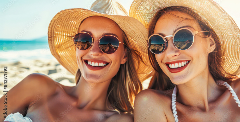 Happy young women having fun at sunset beach in summer vacation. Party beach. Blurred people having beach party in summer vacation. Concept of travel and summer vacation Happy young women having fun at sunset beach in summer vacation. Party beach. Blurred people having beach party in summer vacation. Concept of travel and summer vacation