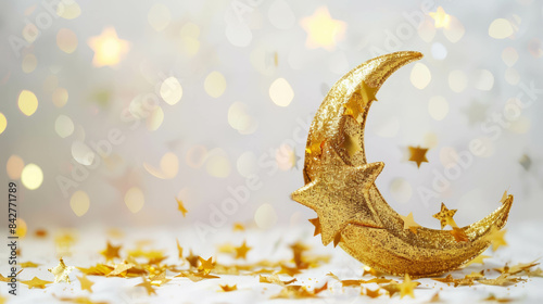 Golden crescent moon and star Ramadan Kareem decoration on white with confetti. AI generative. photo