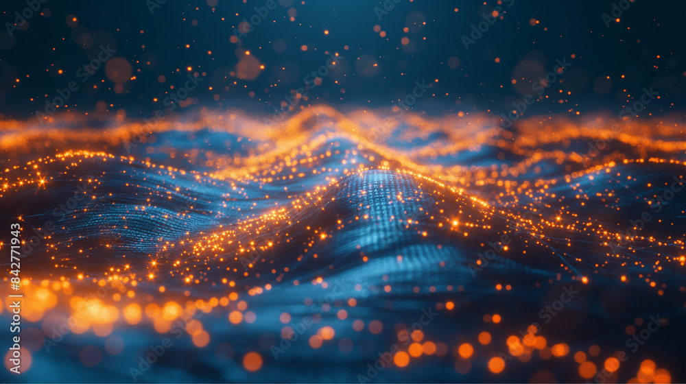 Fototapeta premium Digital landscape of glowing orange particles resembling a mountain range, evoking a sense of data flow